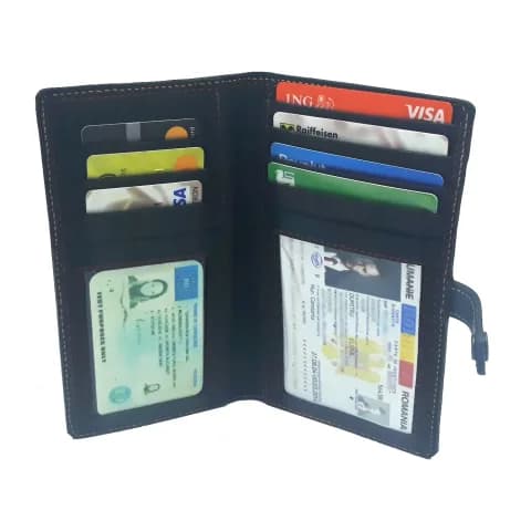 Portofel lung Tolby Valenti, Negru, din Piele Naturala cu Fereastra Buletin si Permis, 10,5 x 18 x 1 cm